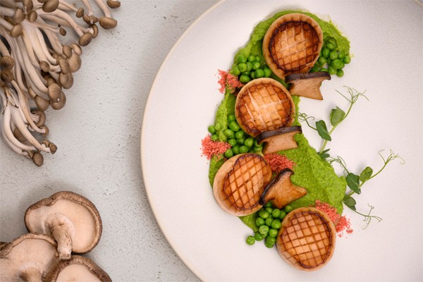 pan-seared scallops are plated on a white circular plate atop a pea puree and sautéed mushrooms