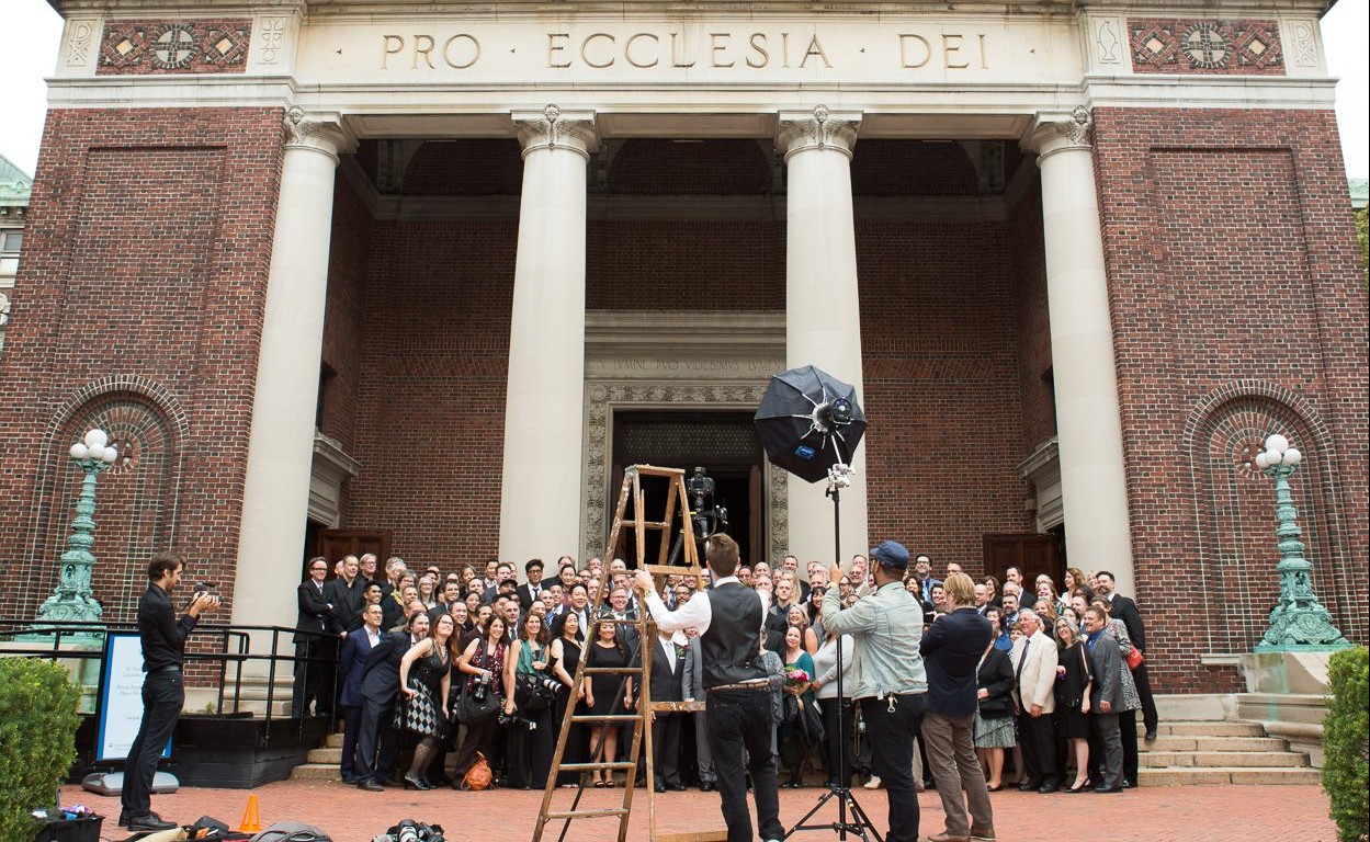 The makings of a monumental group photo outside of Saint Paul's Chapel.