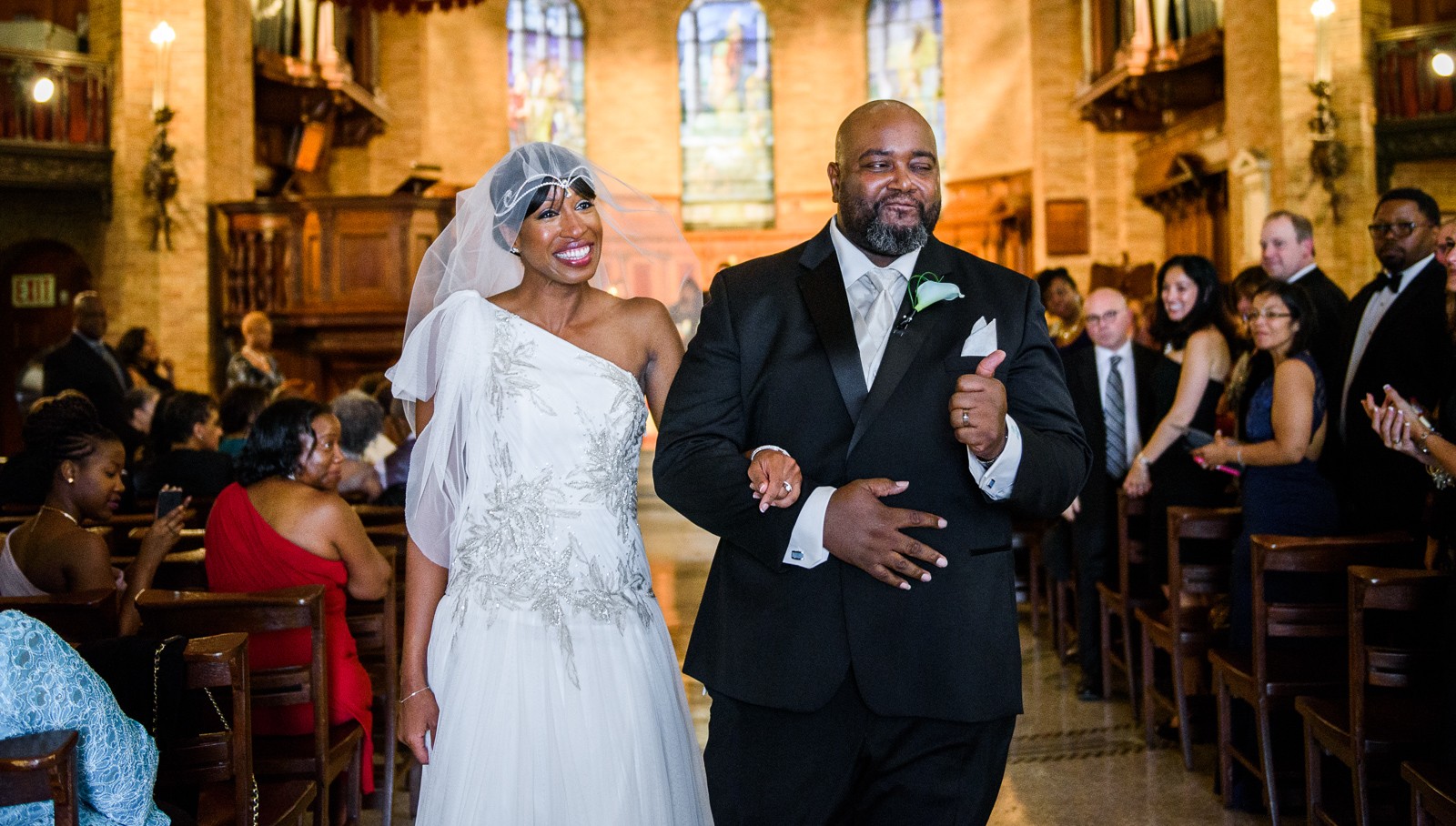 A happy couple, just wed at Saint Paul's Chapel.