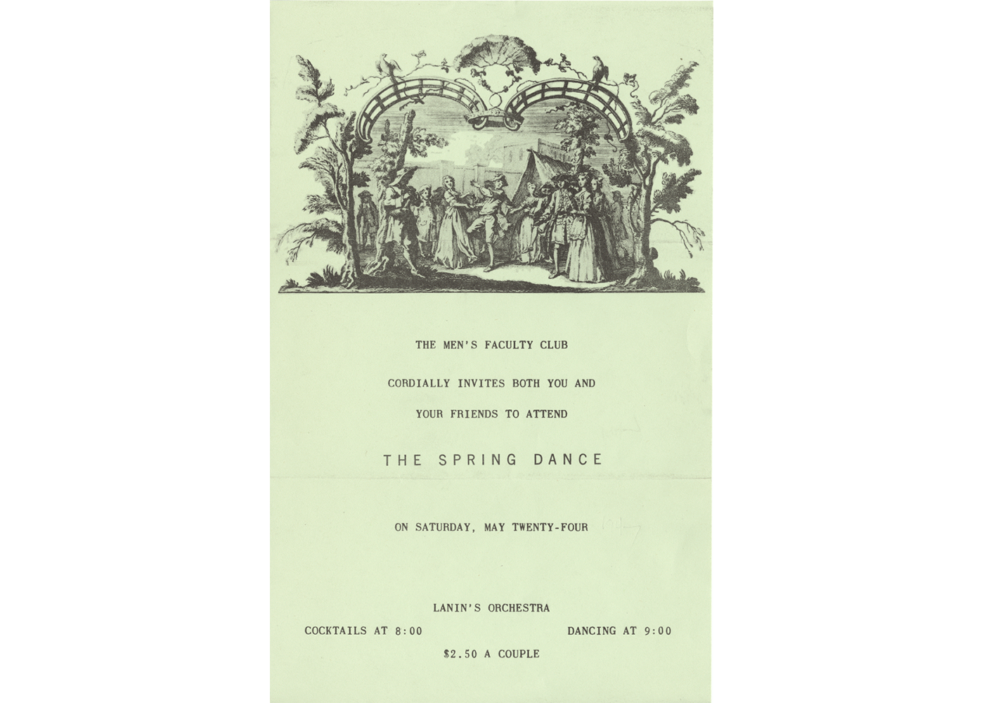 A formal invitation to the 1947 Spring Dance at Faculty House