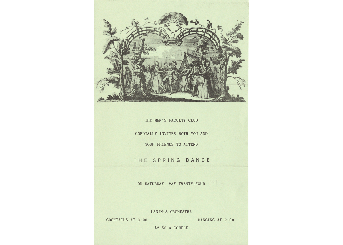 A formal invitation to the 1947 Spring Dance at Faculty House. Photo courtesy of Columbia University Archives A formal invitation to the 1947 Spring Dance at Faculty House