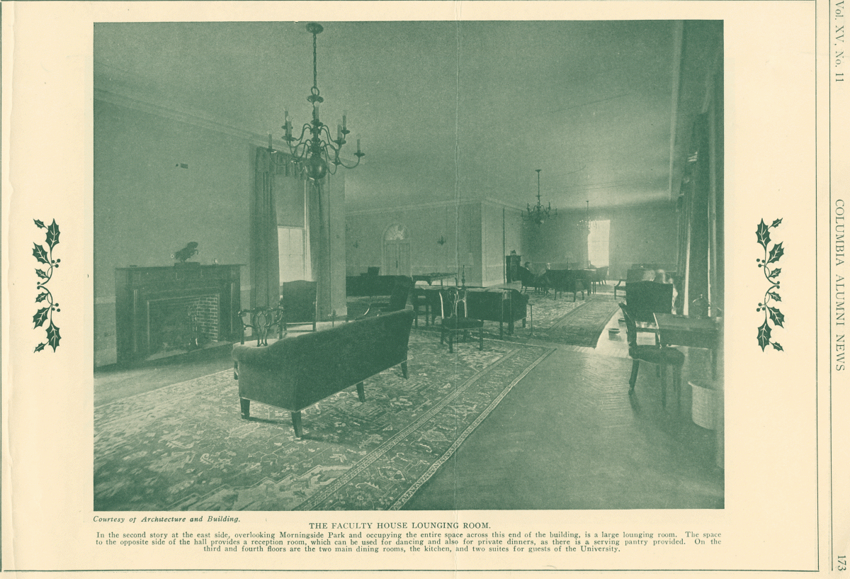 A black and white photo of the Faculty House Lounge, as it looked in 1923