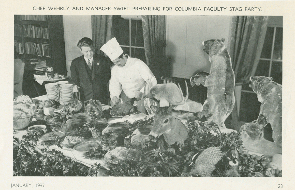 Chef Wehrly and Manager Swift prepare for a 1937 Columbia faculty stag party.