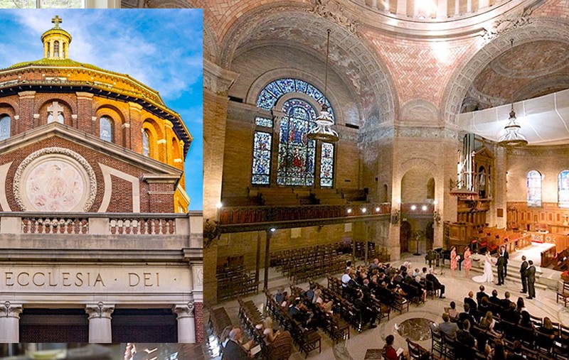 Two photos of St. Paul's Chapel, one of the exterior slightly overlaid on top of the second shot of a wedding being conducted inside.