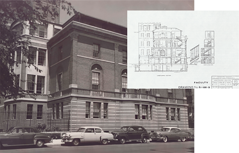 A photo of Faculty House in the 1950s overlaid with an architectural drawing of the venue.