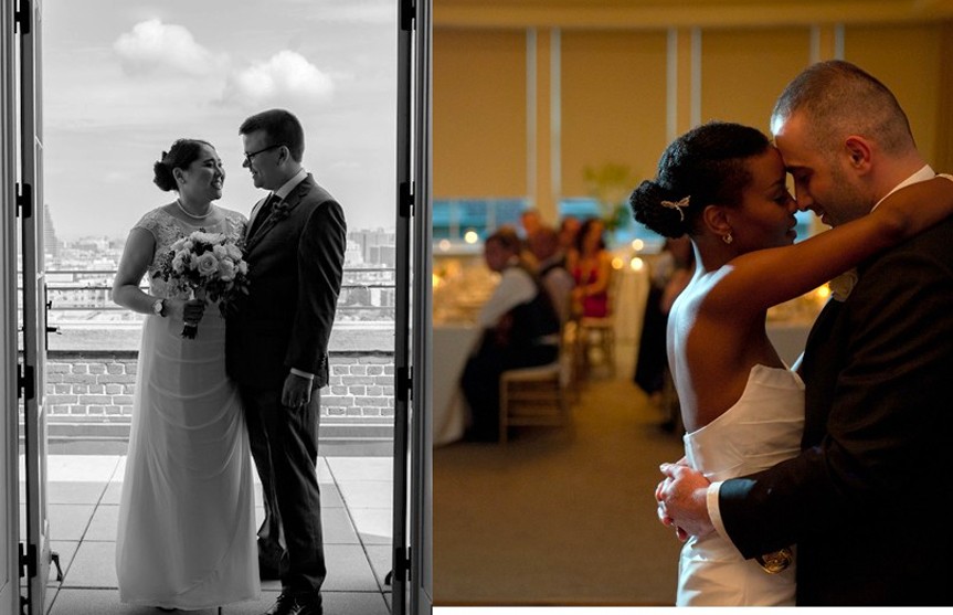 Two photos of couples looking lovingly at one another on their wedding day at Faculty House. 