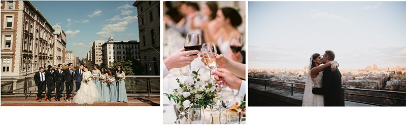 A collage of photos showing couples being married on Columbia's campus and at Faculty House.