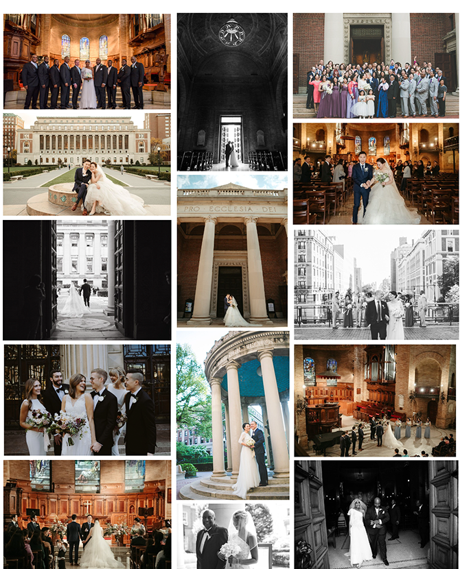 A collage of photos of weddings held at St. Paul's Chapel and Faculty House at Columbia University.
