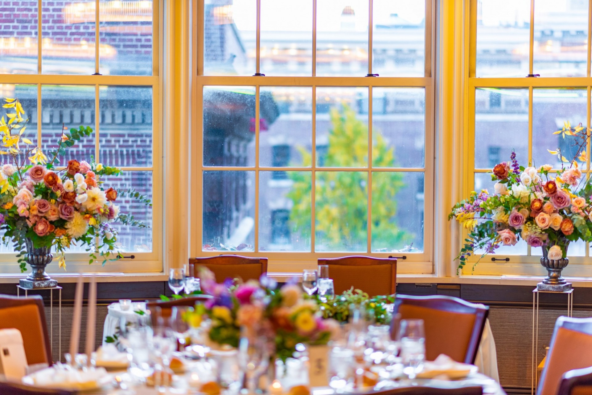 The Skyline Dining Room set for a wedding reception