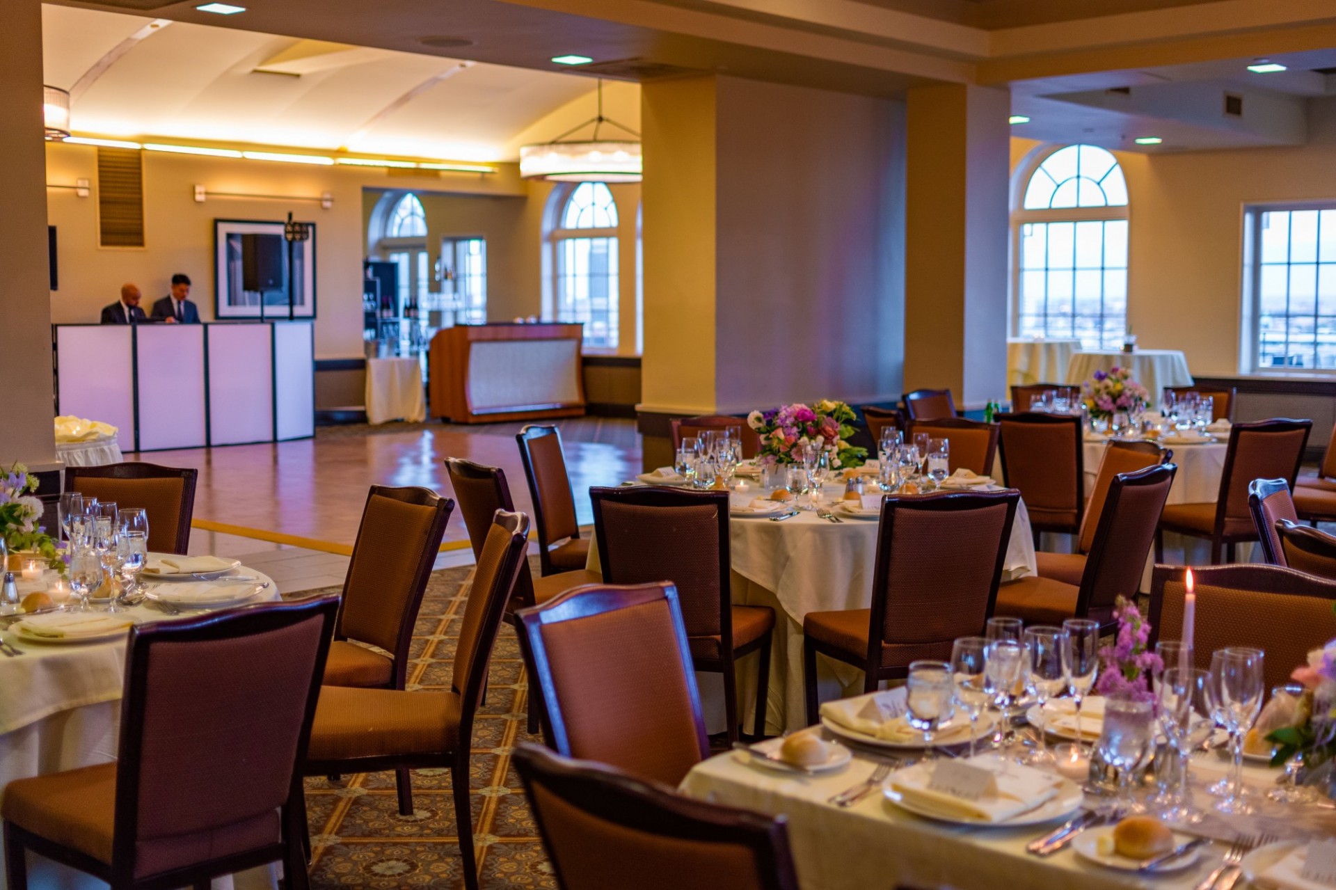 The Skyline Dining Room set for a wedding reception
