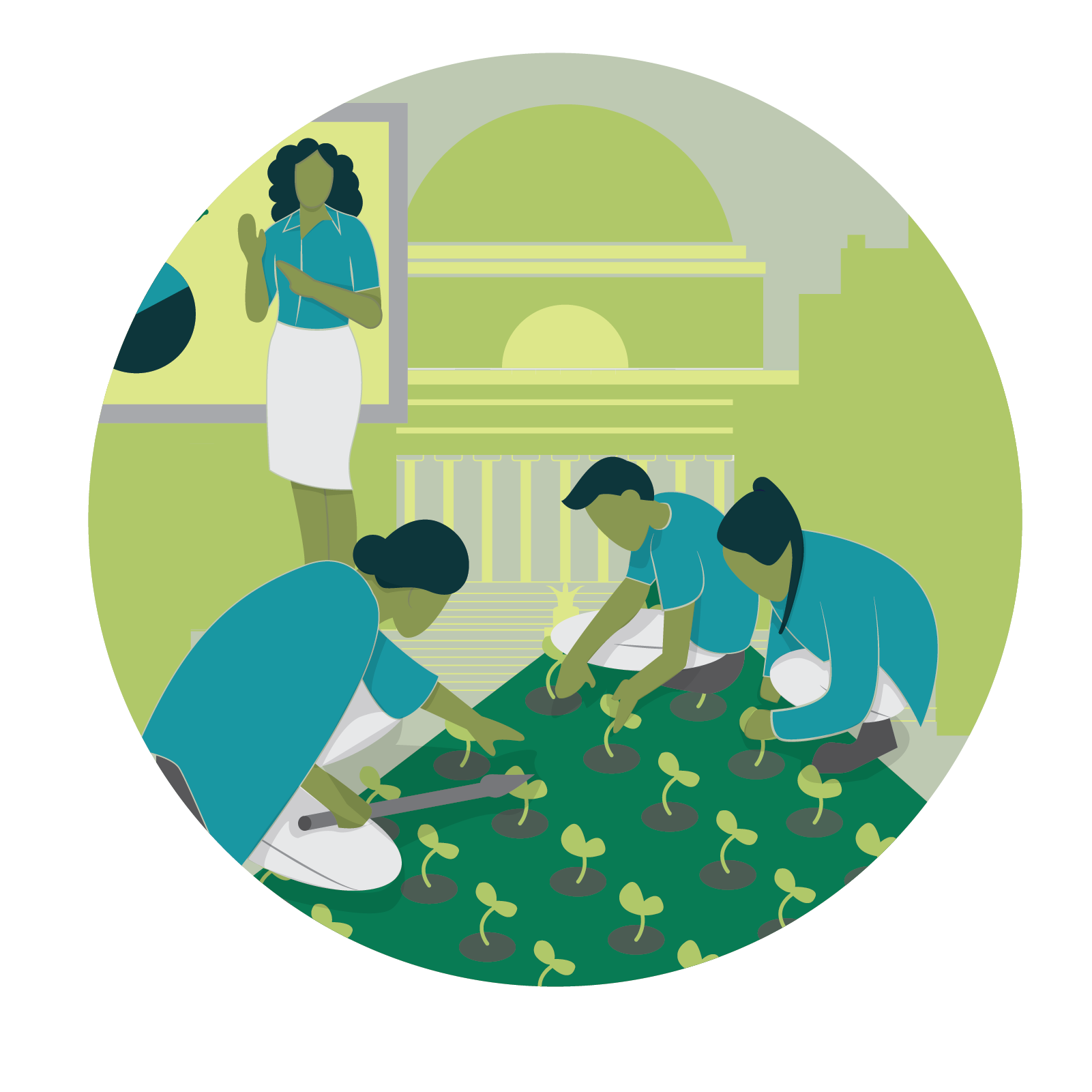 An infographic showing people farming with a teacher in the background instructing them.