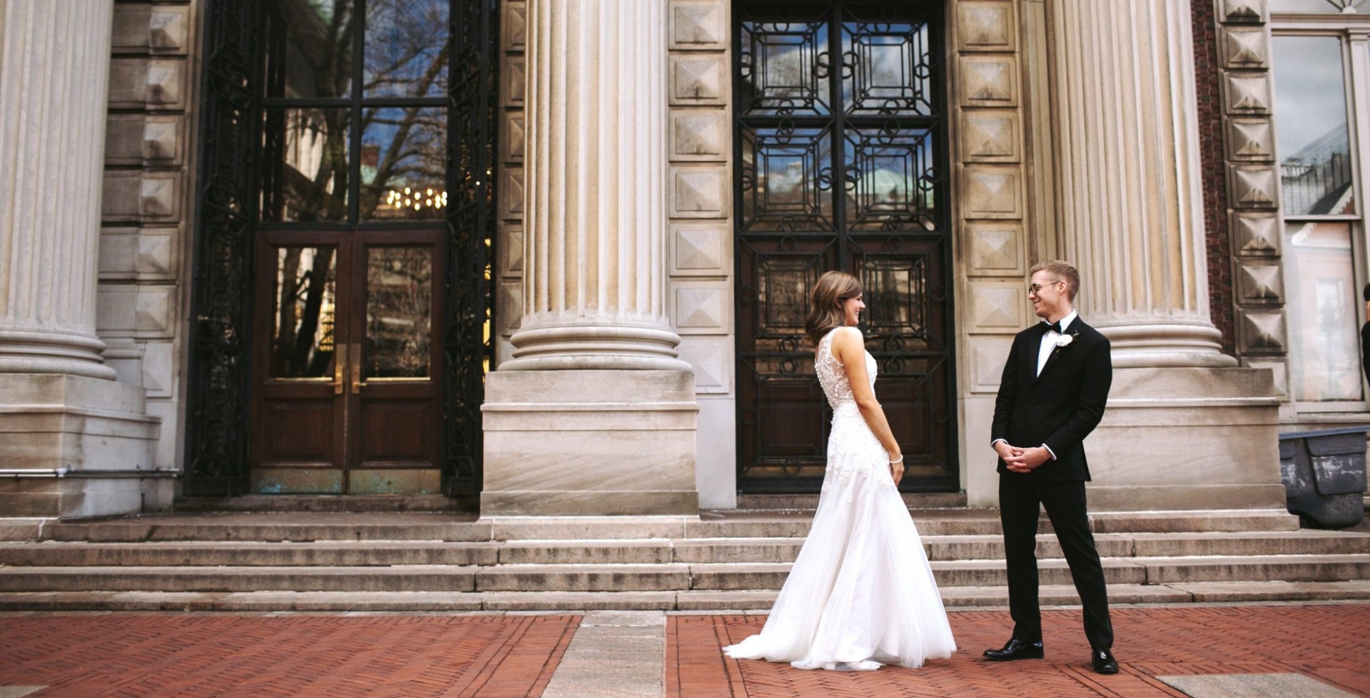 A bride and groom experience their first look