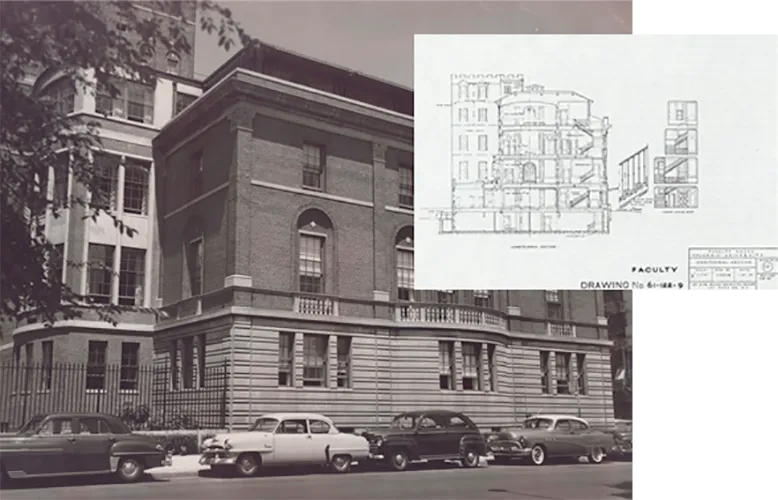 A photo of Faculty House in the 1950s overlaid with an architectural drawing of the venue.