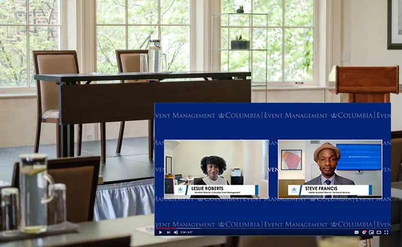 A collage of two photos - one showing one of Faculty House's meeting rooms set up for a presentation, and the other shows a session being led virtually online.