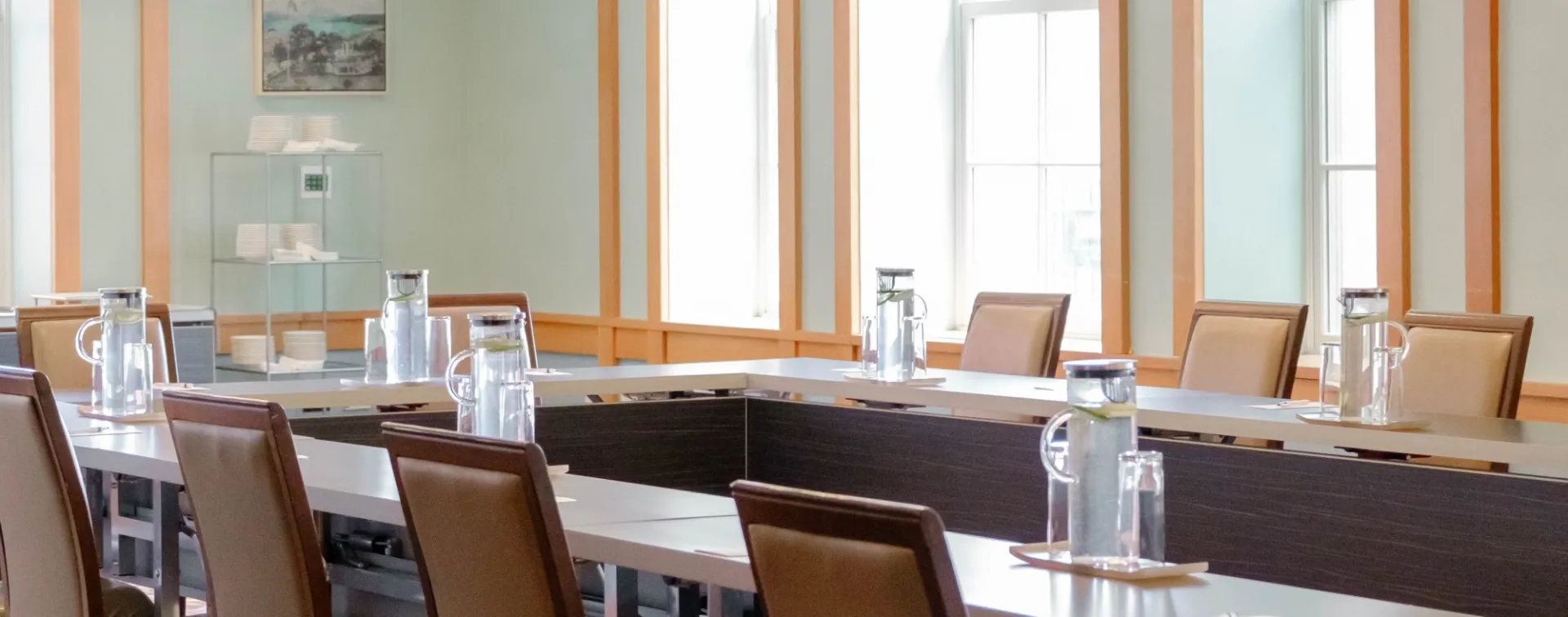 A meeting room set up for a seminar at Faculty House.