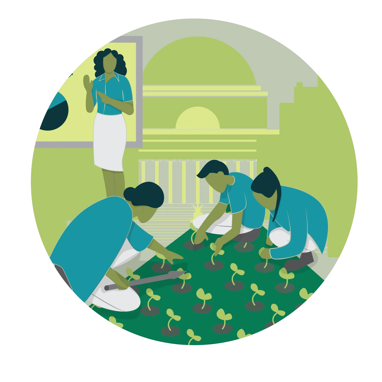 An infographic showing people farming with a teacher in the background instructing them.